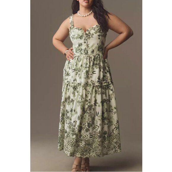 Anthropologie Dresses & Skirts - By Anthropologie Sleeveless Sweetheart A-Line Midi Dress Green Motif XL